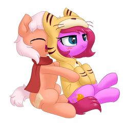 Size: 2000x2000 | Tagged: safe, artist:one4pony, derpibooru exclusive, imported from derpibooru, oc, oc only, oc:cheery bell, bat pony, earth pony, bat pony oc, chinese new year, clothes, costume, kigurumi, oc x oc, scarf, shipping, simple background, transparent background, year of the tiger