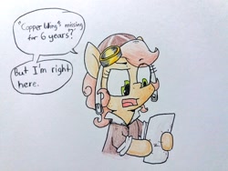 Size: 1024x768 | Tagged: safe, artist:cherro, imported from derpibooru, oc, oc only, oc:copper wings, pony, clothes, dialogue, goggles, paper, solo, traditional art