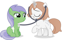 Size: 5422x3533 | Tagged: safe, artist:cirillaq, imported from derpibooru, key lime, oc, oc:healing touch, earth pony, pony, unicorn, absurd resolution, bandage, brown mane, brown tail, duo, duo female, earth pony oc, eyes closed, female, filly, foal, glowing, glowing horn, hooves, horn, magic, open mouth, open smile, raised hoof, shadow, show accurate, simple background, sitting, smiling, standing, stethoscope, tail, telekinesis, transparent background, two toned mane, two toned tail, unicorn oc, vector