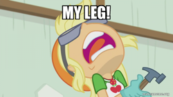 Size: 800x450 | Tagged: safe, edit, edited screencap, imported from derpibooru, screencap, applejack, constructive criticism, equestria girls, equestria girls series, caption, image macro, my leg, my leg!, solo, spongebob squarepants, text