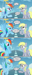Size: 1280x2955 | Tagged: safe, artist:silverbuller, imported from derpibooru, derpy hooves, rainbow dash, pegasus, pony, 4 panel comic, cloud, comic, cute, derpabetes, dialogue, duo, facehoof, flag, looking at each other, looking at someone, misunderstanding, pun, runway, sky, speech bubble, text, wings