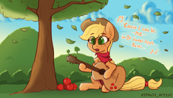 Size: 3840x2160 | Tagged: safe, artist:d3f4ult_4rt1st, imported from derpibooru, applejack, earth pony, pony, apple, applejack's hat, bandana, caption, cloud, cowboy hat, cute, dawn, eye clipping through hair, food, guitar, hat, hill, jackabetes, leaves, musical instrument, playing guitar, singing, sketch, sky, solo, sweet apple acres, tree, wind