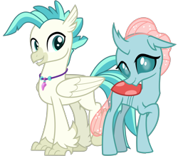 Size: 3658x3200 | Tagged: safe, artist:cheezedoodle96, edit, imported from derpibooru, ocellus, terramar, changedling, changeling, classical hippogriff, hippogriff, school daze, surf and/or turf, .svg available, beak, crossed legs, cute, cuteling, diaocelles, duo, female, folded wings, full body, high res, horn, jewelry, looking at each other, looking at someone, looking at you, male, necklace, raised hoof, shy, simple background, smiling, svg, teeth, transparent background, vector, wings