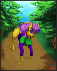 Size: 1200x1500 | Tagged: safe, artist:swiftriff, imported from derpibooru, oc, oc:gravel sprint, pony, commission, female, running, solo, track suit, tree