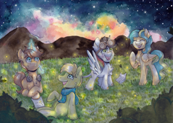 Size: 6863x4852 | Tagged: safe, artist:lightisanasshole, imported from derpibooru, oc, oc only, oc:lightning blitz, alicorn, earth pony, firefly (insect), insect, pegasus, pony, unicorn, alicorn oc, bush, clothes, earth pony oc, field, glasses, headphones, horn, laughing, looking at each other, looking at someone, looking up, magic, mountain, musician, night, night sky, pegasus oc, poster, scarf, singer, sky, smiling, thinking, traditional art, unicorn oc, watercolor painting, wings