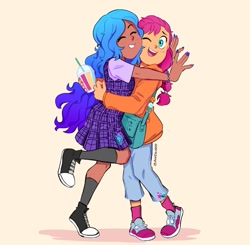 Size: 1440x1413 | Tagged: safe, artist:anndevil88, imported from derpibooru, izzy moonbow, sunny starscout, human, equestria girls, converse, cute, dark skin, eyes closed, g5, happy, hug, humanized, my little pony: a new generation, one eye closed, plaid, shoes, smiling, smoothie