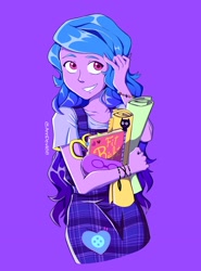 Size: 1476x1993 | Tagged: safe, artist:anndevil88, imported from derpibooru, izzy moonbow, equestria girls, bracelet, clothes, equestria girls-ified, female, friendship bracelet, g5, g5 to equestria girls, grin, jewelry, my little pony: a new generation, overalls, plaid, pony coloring, purple background, scissors, shirt, signature, simple background, smiling, solo, t-shirt