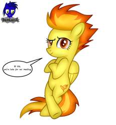 Size: 3840x4154 | Tagged: safe, artist:damlanil, imported from derpibooru, spitfire, pegasus, pony, bipedal, bipedal leaning, comic, cool, crossed hooves, crossed legs, female, folded wings, high res, leaning, looking at you, mare, raised eyebrow, show accurate, signature, simple background, solo, speech bubble, standing on two hooves, talking to viewer, transparent background, vector, wings