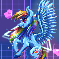 Size: 1800x1800 | Tagged: safe, artist:redahfuhrerking, imported from derpibooru, rainbow dash, pegasus, pony, abstract background, backwards cutie mark, colored pupils, female, grin, hooves in air, looking at you, mare, side view, smiling, solo, spread wings, standing, teeth, wings