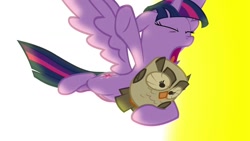 Size: 1280x720 | Tagged: safe, imported from derpibooru, screencap, owlowiscious, twilight sparkle, alicorn, bird, owl, pony, season 4, twilight's kingdom, duo, explosion, female, male, mare, screaming, twilight sparkle (alicorn), yelling