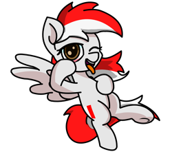 Size: 1672x1500 | Tagged: safe, artist:exoticeon, imported from derpibooru, oc, oc only, pegasus, pony, akanbe, brown eyes, eyelid pull, female, full body, hooves, mare, one eye closed, open mouth, open smile, pegasus oc, simple background, smiling, solo, spread wings, tail, tongue out, transparent background, two toned mane, wings