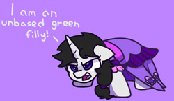 Size: 1280x747 | Tagged: safe, artist:exoticeon, imported from derpibooru, oc, oc only, oc:spooky, pony, unicorn, clothes, context is for the weak, dress, female, filly, foal, horn, purple background, simple background, solo, unicorn oc, wrong eye color