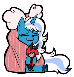 Size: 444x458 | Tagged: safe, artist:dreammarinauwu, imported from derpibooru, oc, oc:fleurbelle, alicorn, deer, demon, wendigo, adorabelle, alastor, alicorn oc, blanket, bow, cute, deer demon, eyes closed, female, hair bow, hazbin hotel, horn, hug, mare, ocbetes, plushie, radio demon, simple background, transparent background, wings