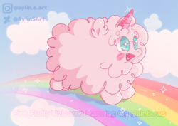 Size: 1754x1240 | Tagged: safe, artist:aylinsart, imported from derpibooru, oc, oc only, oc:fluffle puff, pony, cloud, fake horn, female, fluffy, pink fluffy unicorns dancing on rainbows, rainbow, solo