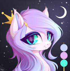 Size: 2616x2640 | Tagged: safe, artist:stahlkat, imported from derpibooru, oc, oc only, bat pony, pony, bat pony oc, bust, color palette, crescent moon, crown, cute, cute little fangs, eyelashes, fangs, female, high res, jewelry, looking at you, mare, moon, oc name needed, portrait, princess, regalia, signature, slit pupils, smiling, smiling at you, solo, stars, three quarter view