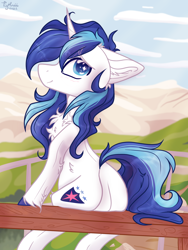 Size: 1620x2160 | Tagged: safe, artist:tizhonolulu, imported from derpibooru, shining armor, pony, unicorn, bench, butt, chest fluff, cloud, cute, dock, ear fluff, floppy ears, looking at you, male, mountain, plot, shining adorable, sitting, smiling, solo, stallion, tail, unshorn fetlocks