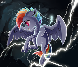 Size: 1500x1300 | Tagged: safe, artist:rainbowfire, imported from derpibooru, rainbow dash, pegasus, pony, chest fluff, clothes, cloud, female, fight, fluffy, flying, grin, lightning, mare, sky, smiling, solo, storm, thunderstorm, uniform, war, wings, wonderbolts, wonderbolts uniform