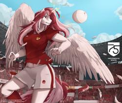 Size: 2270x1920 | Tagged: safe, artist:pwnagespartan, imported from derpibooru, oc, oc only, oc:indonisty, alicorn, anthro, alicorn oc, anthro oc, ball, belly button, breasts, clothes, feather, female, football, horn, indonesia, nation ponies, ponified, shorts, solo, sports, stadium, wings