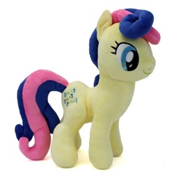 Size: 554x554 | Tagged: safe, artist:onlyfactory, imported from derpibooru, bon bon, sweetie drops, earth pony, pony, bon bon plushie, bootleg, irl, looking at something, photo, plushie, simple background, smiling, smiling at something, toy, two toned mane, white background