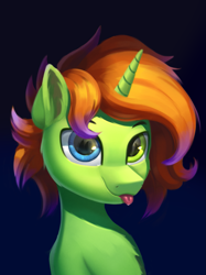 Size: 1191x1590 | Tagged: safe, artist:foxpit, imported from derpibooru, oc, oc only, oc:hoping light, pony, unicorn, :p, bust, commission, ear fluff, gradient background, heterochromia, horn, looking at you, portrait, solo, tongue out, two toned mane, unicorn oc