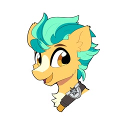 Size: 1500x1500 | Tagged: safe, artist:yaco, imported from derpibooru, hitch trailblazer, earth pony, pony, belt, blaze (coat marking), bust, chest fluff, coat markings, cute, facial markings, g5, hitchbetes, male, markings, my little pony: a new generation, open mouth, pale belly, portrait, simple background, solo, stallion, two toned mane, white background