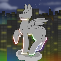 Size: 990x990 | Tagged: safe, imported from derpibooru, oc, oc only, pegasus, pony, butt, city, cloud, commission, photo, plot, rainbow, solo, town, your character here