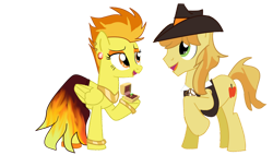 Size: 1024x582 | Tagged: safe, artist:nintendoponyaddict, imported from derpibooru, braeburn, spitfire, earth pony, pegasus, pony, duo, ear piercing, female, folded wings, green eyes, hoof hold, hooves, jewelry, lidded eyes, looking at someone, male, mare, open mouth, open smile, orange eyes, piercing, raised hoof, ring, shipping, simple background, smiling, spitburn, stallion, standing, straight, tail, transparent background, two toned mane, two toned tail, wings