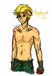 Size: 2472x3616 | Tagged: safe, artist:daazzlin, imported from derpibooru, applejack, human, apple, applejack (male), belly button, blushing, clothes, eared humanization, food, gloves, humanized, jeans, male, pants, partial nudity, rule 63, simple background, solo, topless, white background