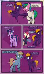Size: 1920x3169 | Tagged: safe, artist:alexdti, imported from derpibooru, moondancer, twilight sparkle, oc, oc:brainstorm (alexdti), oc:dark purple, oc:purple creativity, oc:star logic, alicorn, pegasus, pony, unicorn, comic:quest for friendship, blue eyes, blushing, comic, crying, dialogue, eye contact, female, folded wings, glowing, glowing horn, green eyes, high res, hooves, horn, lidded eyes, looking at each other, looking at someone, looking back, magic, male, mare, multicolored mane, multicolored tail, offscreen character, onomatopoeia, open mouth, open smile, pegasus oc, purple eyes, raised hoof, shadow, shrunken pupils, smiling, speech bubble, stallion, standing, tail, tears of pain, telekinesis, twilight sparkle (alicorn), two toned mane, two toned tail, unicorn oc, wall of tags, wings, wiping tears