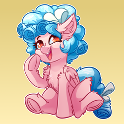 Size: 4000x4000 | Tagged: safe, artist:witchtaunter, imported from derpibooru, cozy glow, pegasus, pony, chest fluff, commission, commissioner:reversalmushroom, cozybetes, cute, ear fluff, female, frog (hoof), gradient background, open mouth, open smile, shoulder fluff, smiling, solo, underhoof