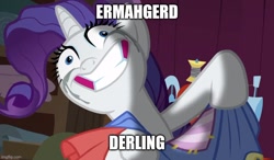 Size: 800x467 | Tagged: safe, edit, edited screencap, imported from derpibooru, screencap, rarity, pony, unicorn, caption, ermahgerd, faic, female, image macro, mare, solo, text, why i'm creating a gown darling