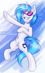 Size: 600x960 | Tagged: safe, artist:shad0w-galaxy, imported from derpibooru, dj pon-3, vinyl scratch, pony, unicorn, belly button, cute, female, grin, mare, raised hoof, smiling, solo, vinyl's glasses, vinylbetes