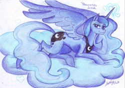 Size: 7015x4960 | Tagged: safe, artist:darkaudi1728, imported from derpibooru, princess luna, alicorn, pony, absurd resolution, cloud, female, hoof on chin, lidded eyes, looking at you, lying down, lying on a cloud, mare, on a cloud, smiling, smiling at you, solo, traditional art