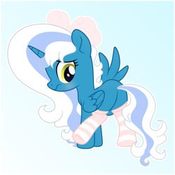 Size: 1024x1024 | Tagged: safe, artist:riofluttershy, imported from derpibooru, oc, oc only, oc:fleurbelle, alicorn, pony, :s, adorabelle, alicorn oc, blue background, blushing, bow, butt, clothes, cute, featureless crotch, female, hair bow, hooves, horn, looking back, mare, ocbetes, one wing out, outline, plot, raised leg, show accurate, simple background, socks, standing, striped socks, tail, two toned mane, two toned tail, wavy mouth, white outline, wings, yellow eyes