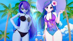 Size: 1920x1080 | Tagged: safe, artist:ratachu666, imported from derpibooru, princess celestia, princess luna, equestria girls, 3d, bikini, clothes, duo, duo female, female, hand on hip, koikatsu, looking at you, one-piece swimsuit, palm tree, principal celestia, swimsuit, tree, vice principal luna