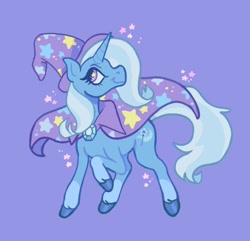 Size: 640x616 | Tagged: safe, artist:cuelerae, imported from derpibooru, trixie, pony, unicorn, cape, clothes, eyebrows, eyelashes, female, hat, hooves, horn, mare, purple background, raised hoof, simple background, smiling, solo, sparkles, starry eyes, trixie's cape, trixie's hat, wingding eyes