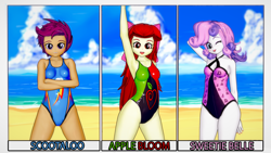 Size: 1920x1080 | Tagged: safe, artist:ratachu666, imported from derpibooru, apple bloom, scootaloo, sweetie belle, equestria girls, 3d, beach, clothes, cutie mark crusaders, koikatsu, looking at you, one eye closed, one-piece swimsuit, swimsuit, trio, wink, winking at you