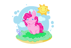 Size: 1280x854 | Tagged: safe, artist:stinkygooby, imported from derpibooru, pinkie pie, earth pony, pony, :3, cheek fluff, chest fluff, cute, diapinkes, missing cutie mark, simple background, solo, sun, transparent background