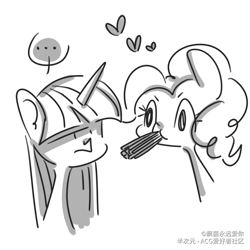 Size: 1080x1080 | Tagged: safe, artist:飘菌永远爱你, imported from derpibooru, pinkie pie, twilight sparkle, dot eyes, duo, female, food, lesbian, mare, monochrome, pocky, pocky game, shipping, simple background, twinkie, white background