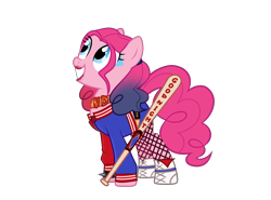 Size: 3636x2685 | Tagged: safe, artist:idkhesoff, derpibooru exclusive, imported from derpibooru, pinkie pie, earth pony, pony, alternate hairstyle, baseball bat, belt, boots, choker, clothes, cosplay, costume, crossover, dc comics, eyeshadow, female, fishnets, grin, harley quinn, jacket, lipstick, makeup, mare, pinkie quinn, shoes, shorts, simple background, smiling, sneakers, solo, transparent background