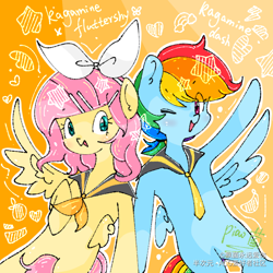 Size: 1080x1080 | Tagged: safe, artist:飘菌永远爱你, imported from derpibooru, fluttershy, rainbow dash, pegasus, pony, chibi, clothes, cosplay, costume, duo, duo female, female, kagamine len, kagamine rin, looking at you, one eye closed, vocaloid, wink