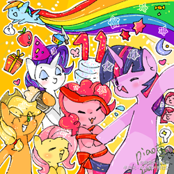 Size: 1080x1080 | Tagged: safe, artist:飘菌永远爱你, imported from derpibooru, applejack, fluttershy, pinkie pie, rainbow dash, rarity, twilight sparkle, cake, chibi, food, mane six, mlp fim's eleventh anniversary, present, rainbow trail