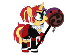 Size: 3636x2685 | Tagged: safe, artist:idkhesoff, derpibooru exclusive, imported from derpibooru, sunset shimmer, pony, alternate hairstyle, batman ninja, boots, clothes, cosplay, costume, crossover, dc comics, dress, female, gloves, hammer, harley quinn, lipstick, makeup, mallet, mare, mask, raised hoof, shoes, simple background, skirt, solo, transparent background