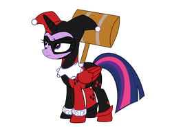 Size: 3636x2685 | Tagged: safe, artist:idkhesoff, derpibooru exclusive, imported from derpibooru, twilight sparkle, alicorn, pony, alternate hairstyle, bodysuit, boots, clothes, cosplay, costume, crossover, dc comics, female, gloves, hammer, harley quinn, jester, makeup, mallet, mare, mask, shoes, simple background, solo, tara strong, transparent background, twilight sparkle (alicorn), voice actor joke