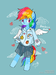 Size: 1080x1440 | Tagged: safe, artist:飘菌永远爱你, imported from derpibooru, rainbow dash, pegasus, semi-anthro, blue background, clothes, female, mare, shorts, simple background, solo