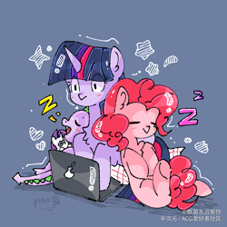 Size: 1080x1080 | Tagged: safe, artist:飘菌永远爱你, imported from derpibooru, pinkie pie, rarity, spike, twilight sparkle, dragon, earth pony, pony, blue background, chest fluff, chibi, computer, female, laptop computer, mare, onomatopoeia, plushie, pony plushie, rarity plushie, simple background, sleeping, sound effects, trio, zzz