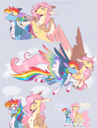 Size: 1068x1405 | Tagged: safe, artist:wanderingpegasus, imported from derpibooru, fluttershy, rainbow dash, pegasus, pony, alternate hairstyle, animal crossing, blue background, blushing, braiding, chest fluff, cloud, cute, dashabetes, doom, doom eternal, duo, eyes closed, female, flying, friendshipping, grin, mare, markings, redesign, shyabetes, simple background, size difference, smiling, unshorn fetlocks