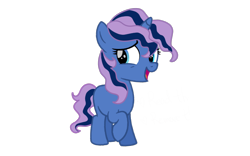 Size: 4000x2500 | Tagged: safe, artist:nitlynjane, imported from derpibooru, oc, oc only, oc:lur lovht, pony, unicorn, curly mane, female, female oc, filly, foal, full body, heterochromia, high res, horn, lidded eyes, open mouth, open smile, raised hoof, show accurate, simple background, small horn, smiling, standing, transparent background, unicorn oc, worried smile