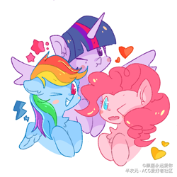 Size: 1080x1080 | Tagged: safe, artist:飘菌永远爱你, imported from derpibooru, lightning bolt, pinkie pie, rainbow dash, twilight sparkle, white lightning, alicorn, earth pony, pegasus, pony, blush sticker, blushing, bust, chibi, female, heart, horn, one eye closed, simple background, stars, trio, trio female, twilight sparkle (alicorn), white background, wink