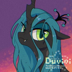 Size: 2000x2000 | Tagged: safe, artist:duvivi, imported from derpibooru, queen chrysalis, changeling, changeling queen, bust, chromatic aberration, crown, eye clipping through hair, female, floppy ears, hair over one eye, high res, jewelry, lidded eyes, looking at you, portrait, regalia, smiling, smiling at you, solo